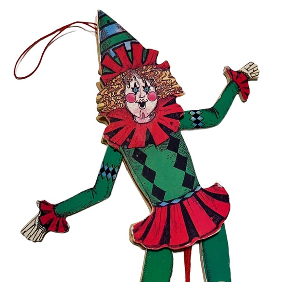 Vintage 80's Susan Feves Jester Clown Jumping Jack PullString Christmas Ornament - Picture 3 of 9